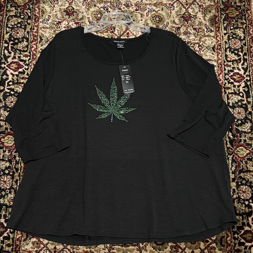 Robert Louis Black 3/4 Sleeve Tee with Green Crystal Weed Leaf Size 3X